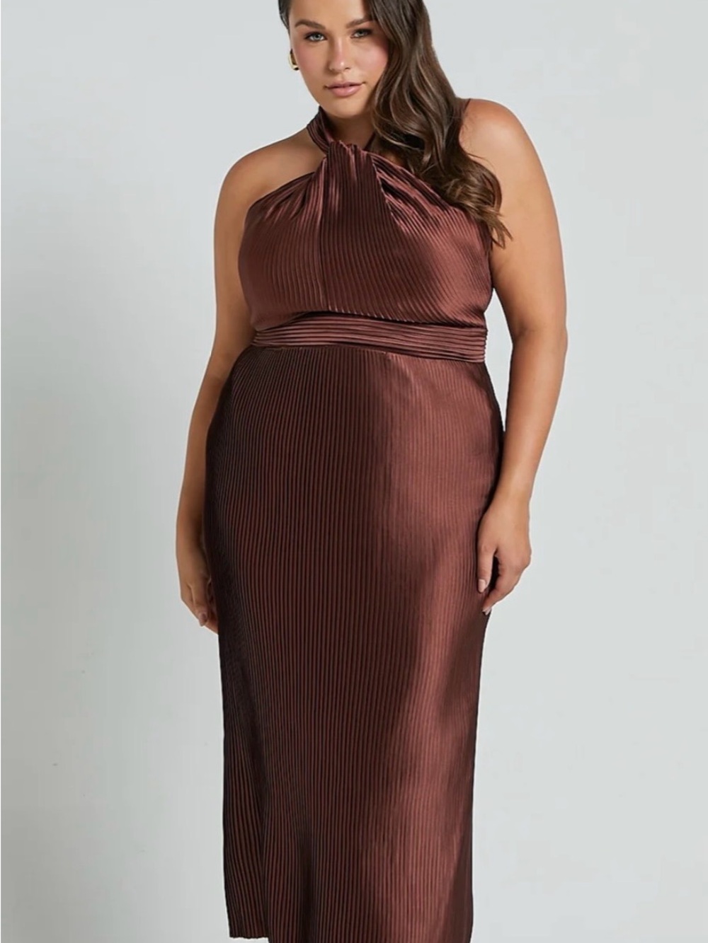 Showpo Marlette | Plus Size Brown Halter Pleated Skirt